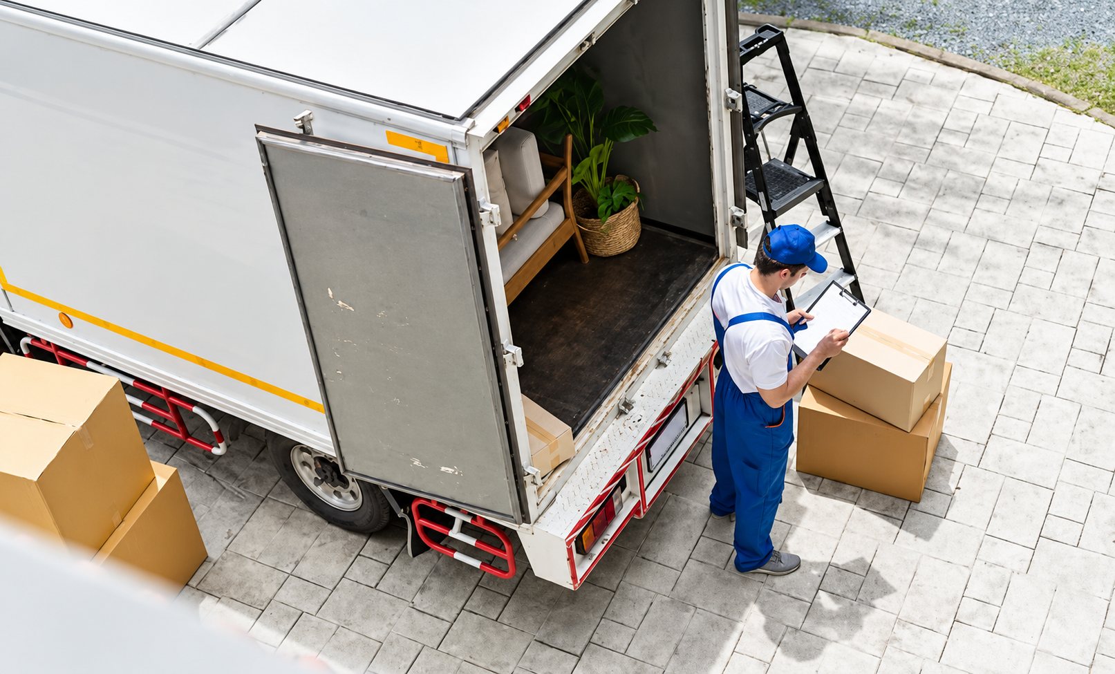 Vu de dessus, un déménageur en uniforme bleu tient un bloc-notes près d'un camion ouvert contenant une plante et des meubles, à côté de cartons posés sur des pavés.