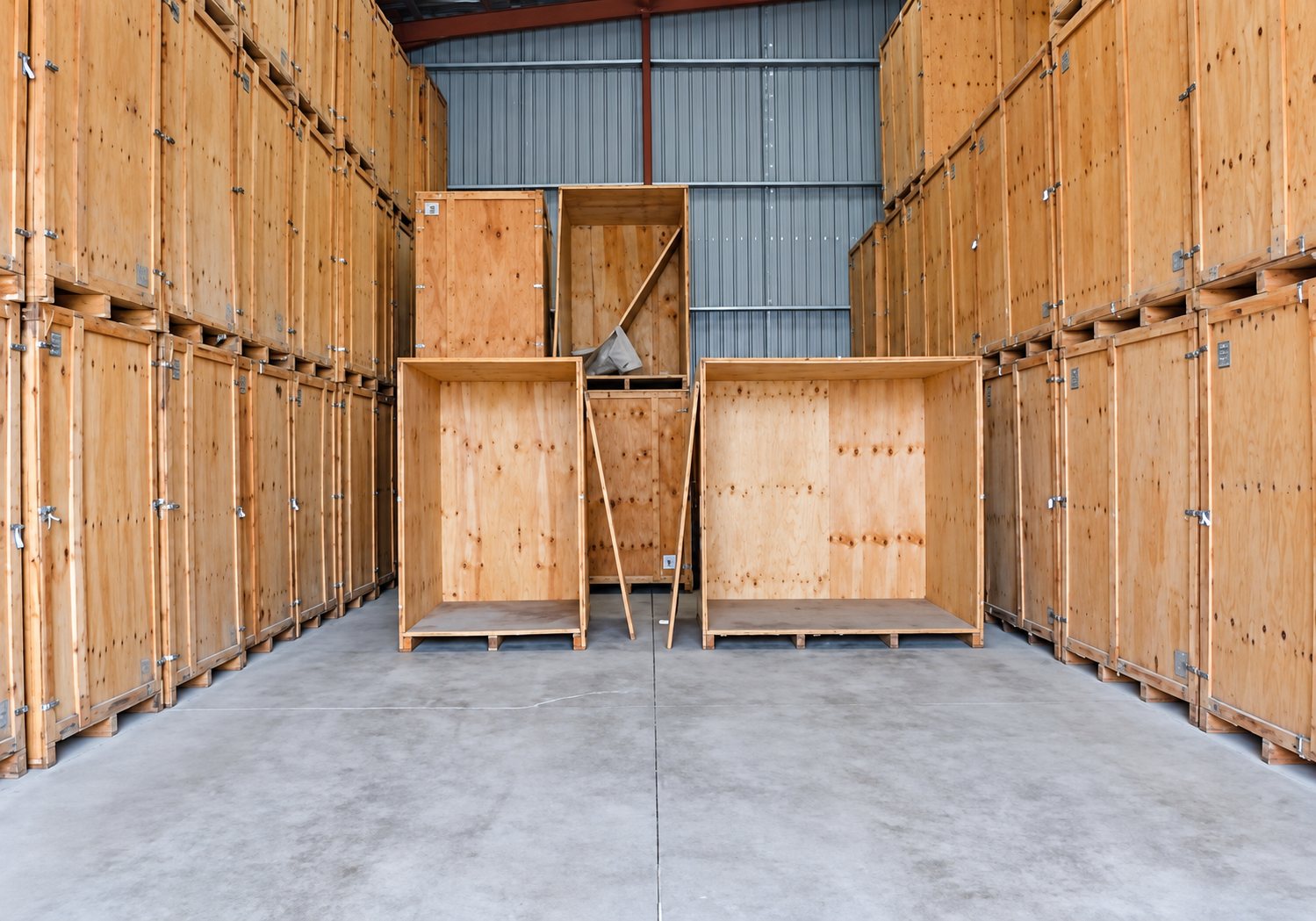 Intérieur d'un entrepôt où de grandes caisses en bois de déménagement sont empilées de chaque côté d'une allée en béton, avec deux caisses ouvertes au centre.