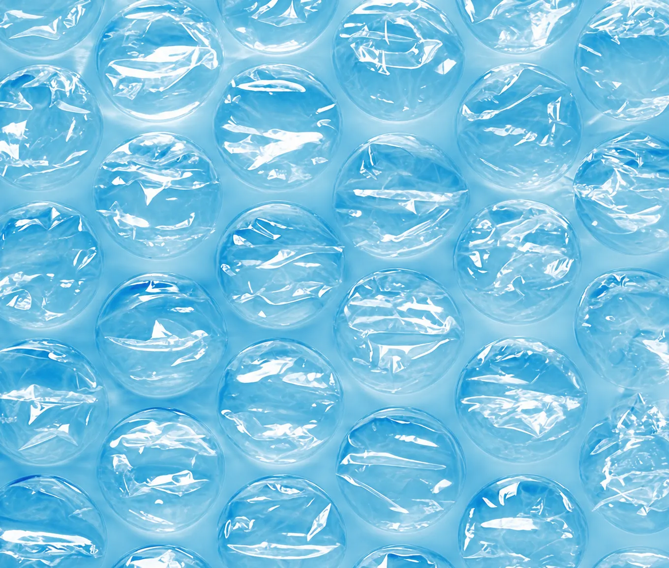 Gros plan sur un film à bulles d'air transparent posé sur un fond bleu clair.